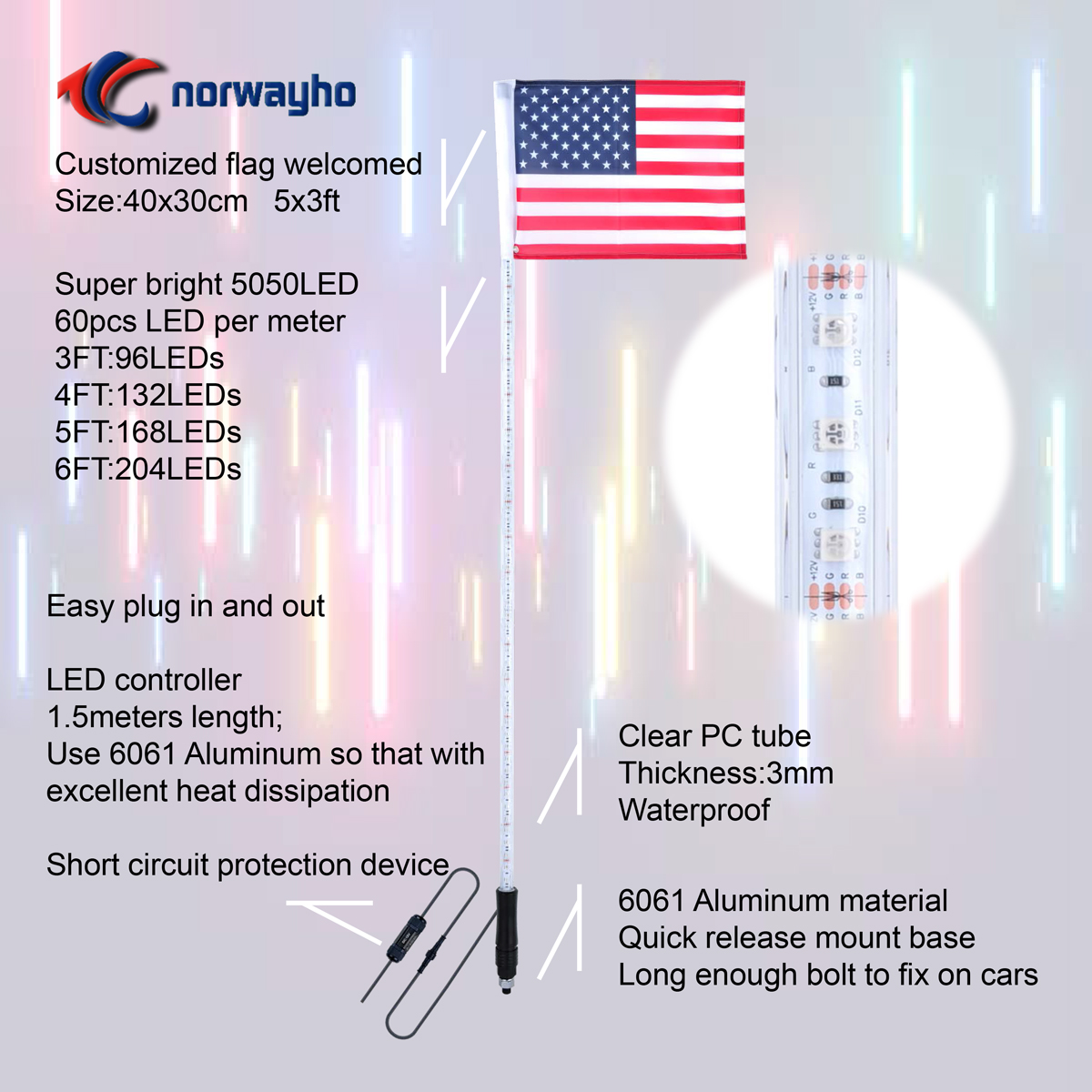 NWH-RGB Inside LED Whip 265 Colors Combination Buggy Whip Remote and Bluetooth
